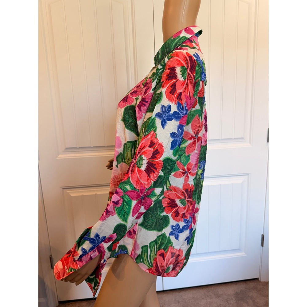 C by One Tropical Floral Button Down Shirt Pink Green XS Resort Vacation Miami - Picture 9 of 13